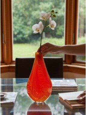 Hand-Blown Swirl Glass Vase With Vibrant Red & Yellow Marble Design 12" Tall